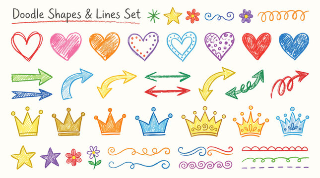 Colorful Crayon Hand Drawn Doodle Shapes Hearts Arrows Crowns Decorative Elements Set