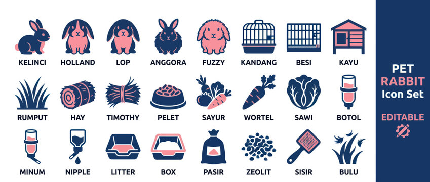 Pet rabbit care and breed icons featuring food housing and supplies