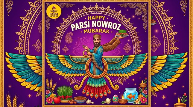 Happy Parsi Nowroz Mubarak Vector Illustration with Faravahar Symbol, Iranian New Year Greeting Card Design, Persian Navroz Celebrations Background with Haft-Sin Elements