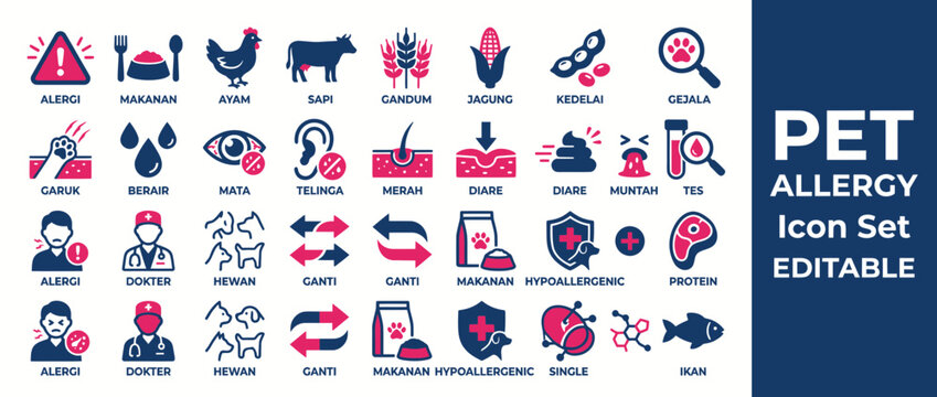 Pet allergy icon set for veterinary medical diagnosis and symptoms