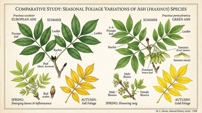 Comparative study of seasonal foliage variations of Ash tree species Fraxinus on white background