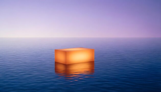 Glowing orange cube floats serenely on calm water at twilight