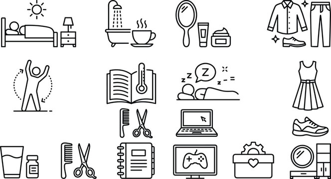 Daily routine and healthy lifestyle line icon set featuring wake up exercise work and sleep,