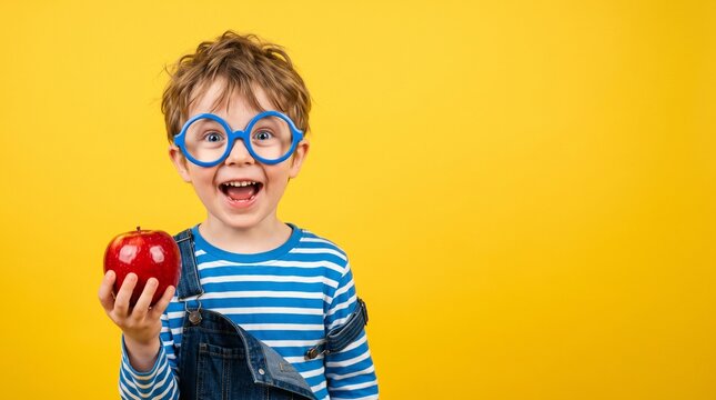 back to school Happy young boy wearing large blue plastic glasses holding a fresh red apple isolated against a bright yellow background in this studio portrait shot