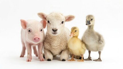 Fototapeta premium Cute young farm animals, a piglet, a lamb, a duckling, and a gosling, are standing together on a surface.