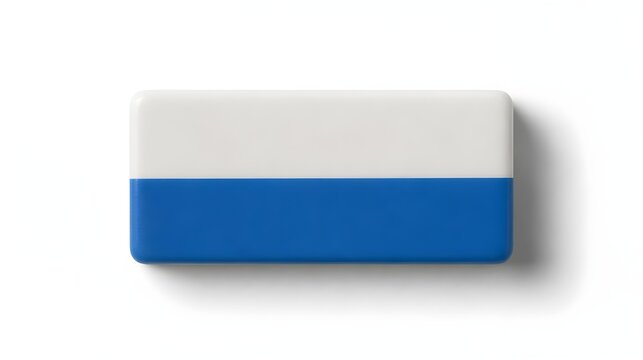 A clean, rectangular eraser with a white top and blue bottom half on a white background