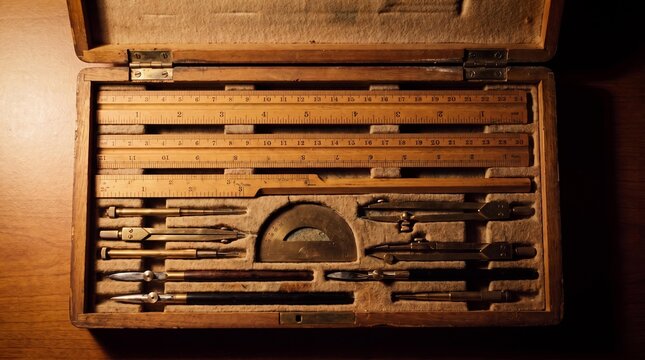 Vintage antique wooden case with brass engineering drawing tools.