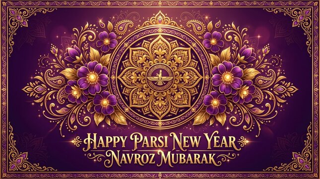 Happy Parsi New Year Navroz Mubarak Vector Background, Ornate Golden Mandala and Purple Floral Greeting Card Design with Faravahar Symbol, Traditional Iranian Persian New Year Celebration Template