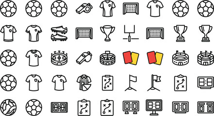 Fototapeta premium Soccer Football Bold Line Icon Set with Ball Jersey Whistle Trophy Goal Post Referee Cards and Scoreboard Vector Graphic UI Design Elements