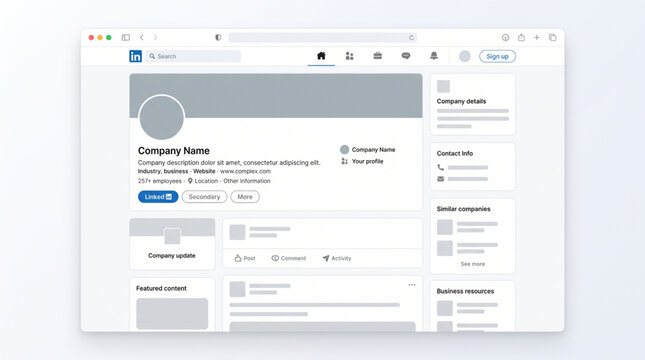 Linkedin corporate profile interface template. Social media business page mockup with company details, contact info, featured content. Web browser UI.