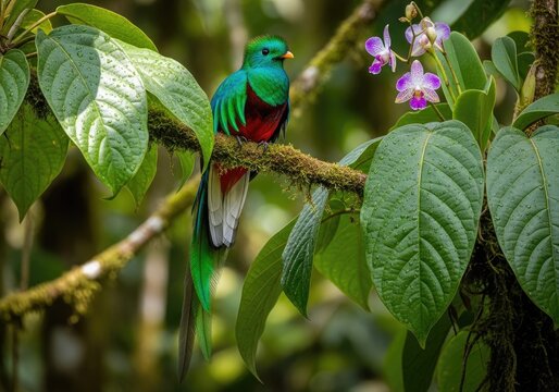 Colorful resplendent quetzal perched on branch surrounded by lush greenery