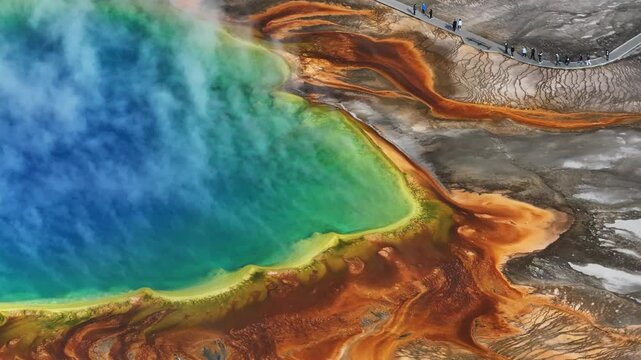 Aerial view of the geothermal hot spring scenery of the Grand Prismatic in Yellowstone National Park, USA