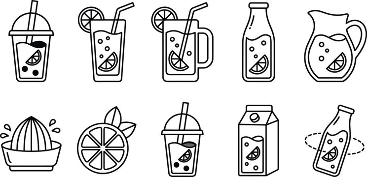Fresh lemonade and citrus drink line icon set featuring glasses bottles juice squeezer and pitcher elements,