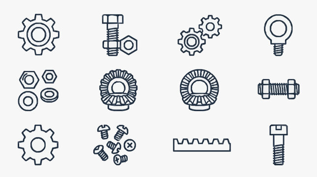 Collection of mechanical engineering components and fasteners icons.