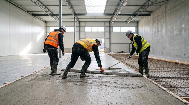 Concrete crew leveling slab, Workers screeding fresh foundation, Construction teamwork from behind, Industrial floor pouring, Wide view