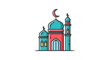 Flat design mosque with teal domes and red facade © ipun