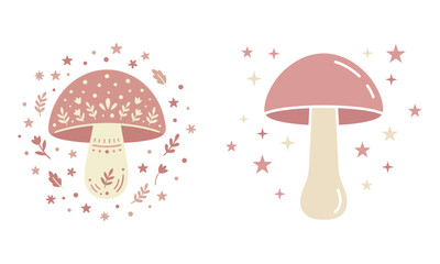 Obraz premium Magical boho mushroom vector illustrations with stars and floral patterns in pastel pink for autumn designs