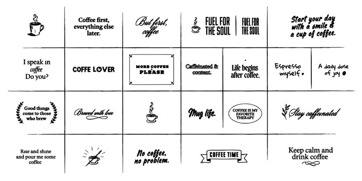 Coffee Quotes Set of Hand-Drawn Typography Doodles with Espresso Cup Icons and Motivational Phrases for Caf&eacute; Concept Design