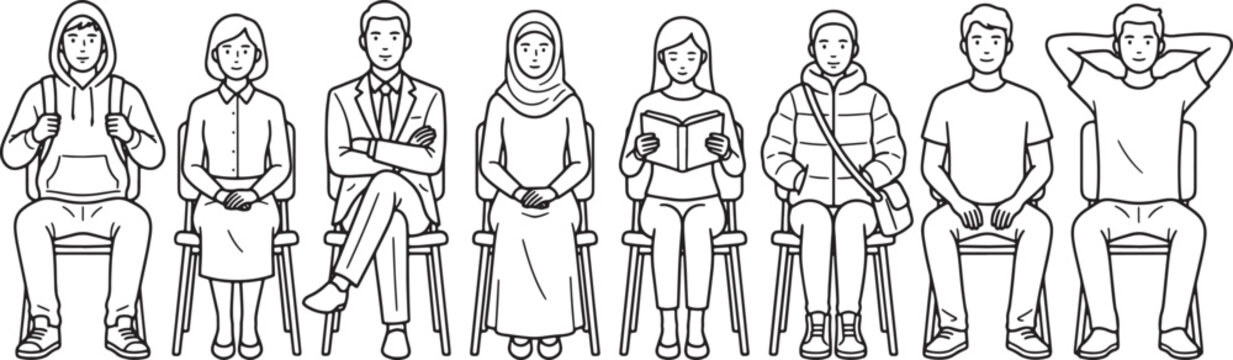 Diverse group of people sitting in a row on chairs line art illustration for social concept design