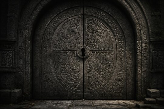 A massive stone door with carved reliefs and a single keyhole.