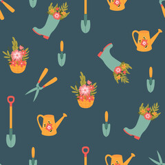 Elegant slate blue horticulture wallpaper featuring yellow watering pots. © Helga KOV