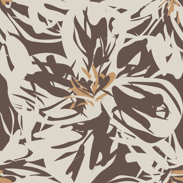 Floral brushstroke textile pattern design in brown and beige for fashion and home textiles