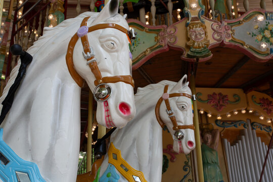 Chevaux blancs qui chevauchent sur un carrousel et man&egrave;ge