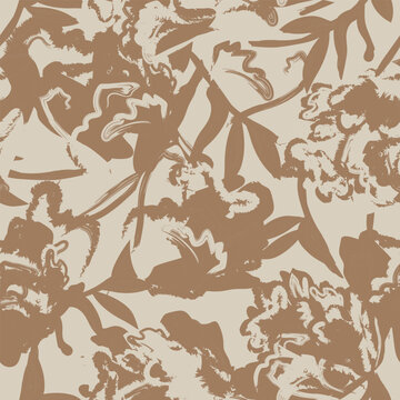 Floral brushstroke textile pattern design in brown and beige for fashion and home textiles