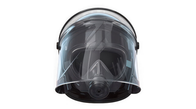 Full face protective respiratory safety mask with clear visor and filter shield for industrial safety and health protection on transparent background