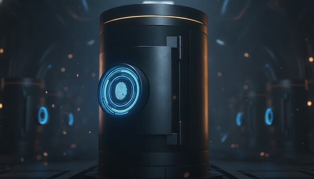 Futuristic black canister with glowing biometric fingerprint scanner