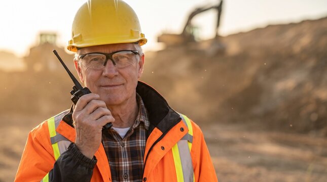 Construction foreman with radio, Safety helmet leadership portrait, Dusty road work supervisor, Mature tradesman close up, Industrial copy space
