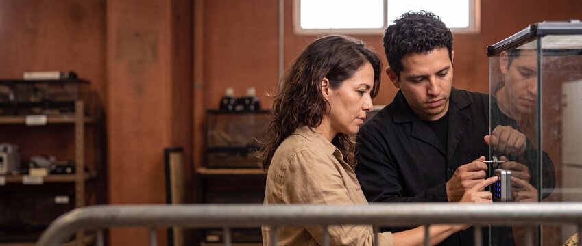 Two scientists unlocking digital keypad lock on a secure glass terrarium enclosure inside a laboratory research facility focused on safety security protocol and team collaboration in workshop.