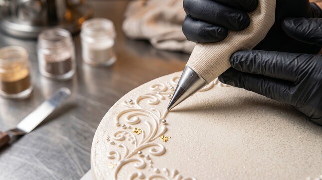 a baker decorating a cake with delicate frosting techniques