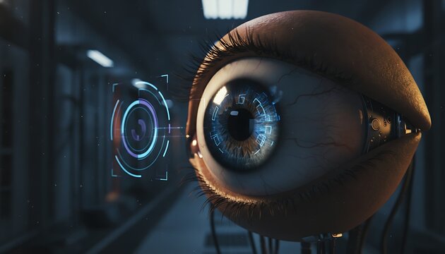 Robotic bionic eye with digital HUD interface in futuristic lab