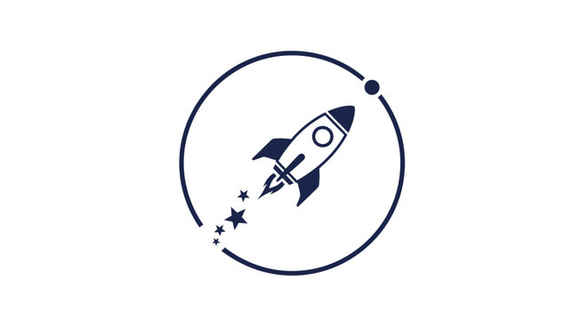A minimalist icon featuring a rocket ship launching inside a circular frame