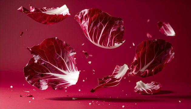 Hochwertige Studio-Produktfotografie von knackigen dunkelroten Radicchioblattst&uuml;cken mit wei&szlig;en Adern schwebend im Raum, monochrome weinrote Farbpalette, einfarbiger matter dunkelroter Hintergrund