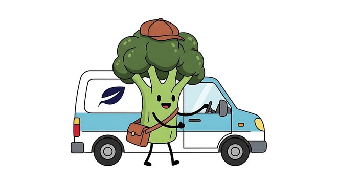 Truck driver cartoon character wearing green hat.