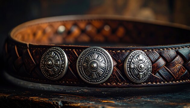 Ornate Silver Conchos Adorning a Detailed Leather Belt with Western Embossing