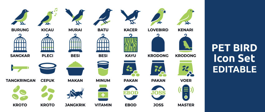 Pet bird care icons including cages food and various songbirds