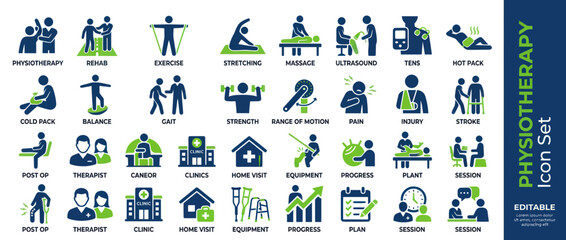 Fototapeta premium Physiotherapy and physical rehabilitation icon set for medical clinic