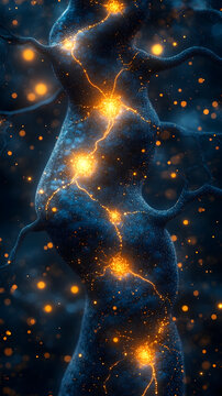 Neuron network structures glow with intense golden light against a dark blue background to represent complex biological communication.