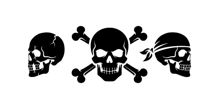 Skulls with Crossed Bones Emblem, Black and White Vector Symbol for Danger, Piracy, Horror, and Tattoo Design Concepts