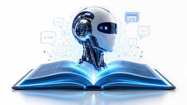 A futuristic robot chatbot head emerging from a glowing open book surrounded by digital chat bubbles, representing educational innovation and knowledge growth.