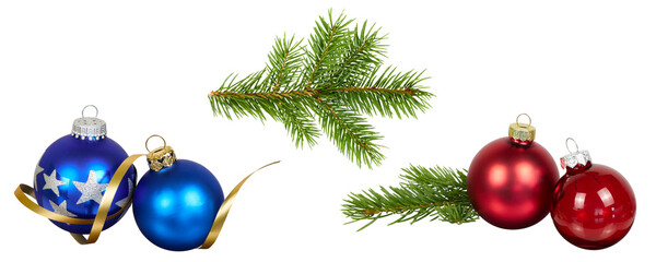 Fototapeta premium set of three different christmas tree decorations with red and blue christmas ball ornaments and fire tree branch isolated on white or transparent png