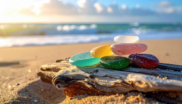 Smooth, colorful sea glass pieces nestled on weathered driftwood on a sun-kissed sandy beach with gentle ocean waves in the background.