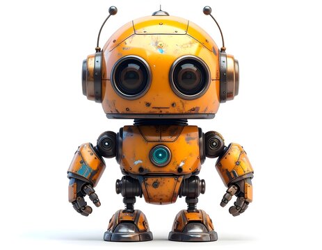 Cute cartoon robot with rounded shapes standing against a white background