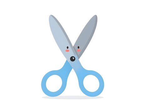 Cute cartoon scissors with happy face stands on white background