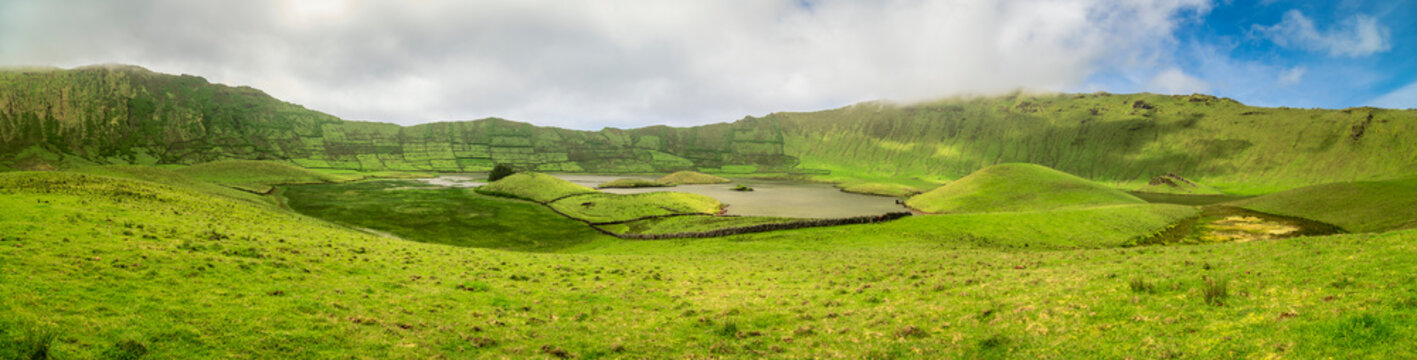 View at the caldeira of Corvo Island, Azores, with Lagoa do Cachimbo and Lagoa do Caldeirao, the remnants of the last Plinian eruption on the island