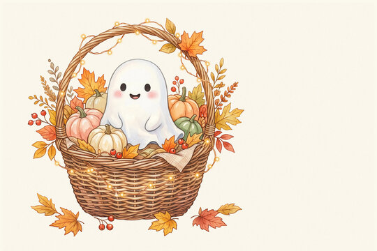 Cute watercolor Halloween ghost in a wicker basket with pumpkins and fairy lights