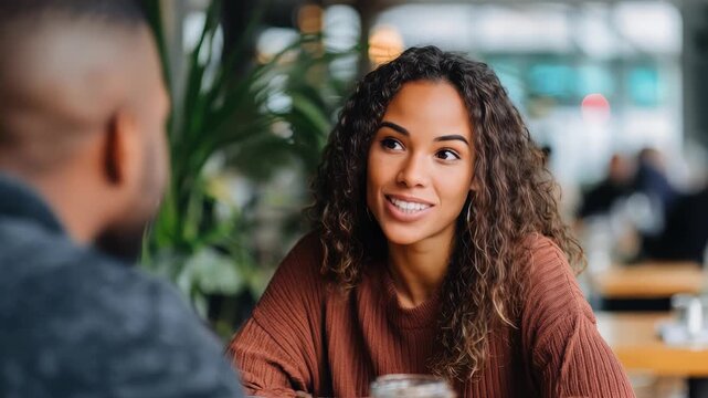 A smiling woman in a brown sweater engages in a warm discussion with a man at a stylish coffee shop. The scene captures authentic emotions, trendy urban lifestyle, and cozy social interaction
